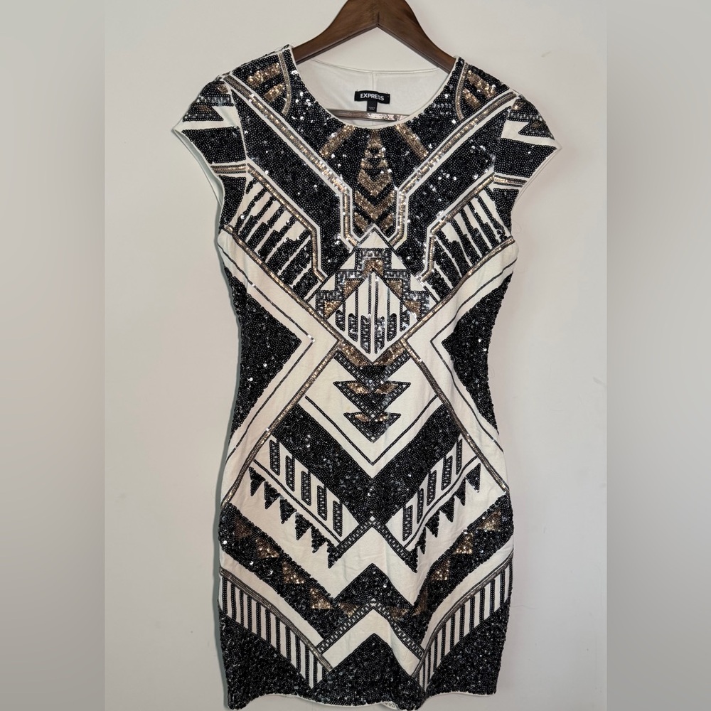 Express Black White Sequin Geometric Bodycon Dress - Picture 3 of 5
